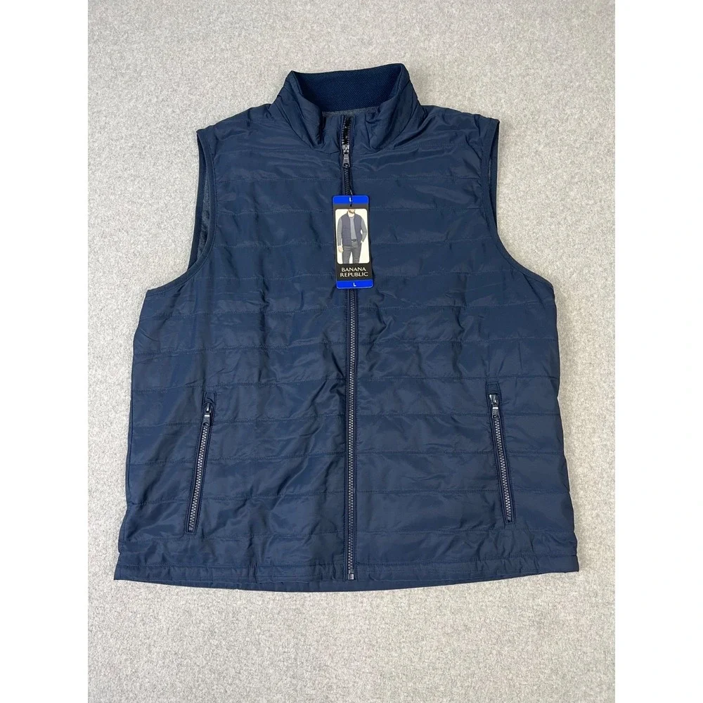 Banana Republic Sleeveless Vest Mens L‎ Blue Full Zip Quilted Lined Zip Pockets